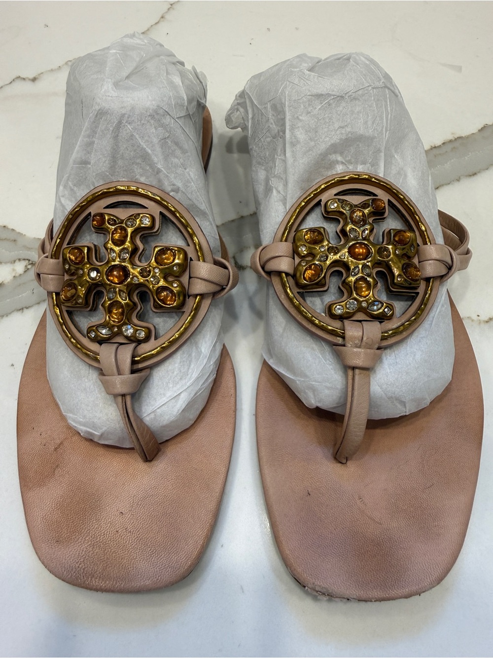 Tory Burch Miller Jeweled Nude Pink Leather Thong Sandals With Gold Stacked Logo